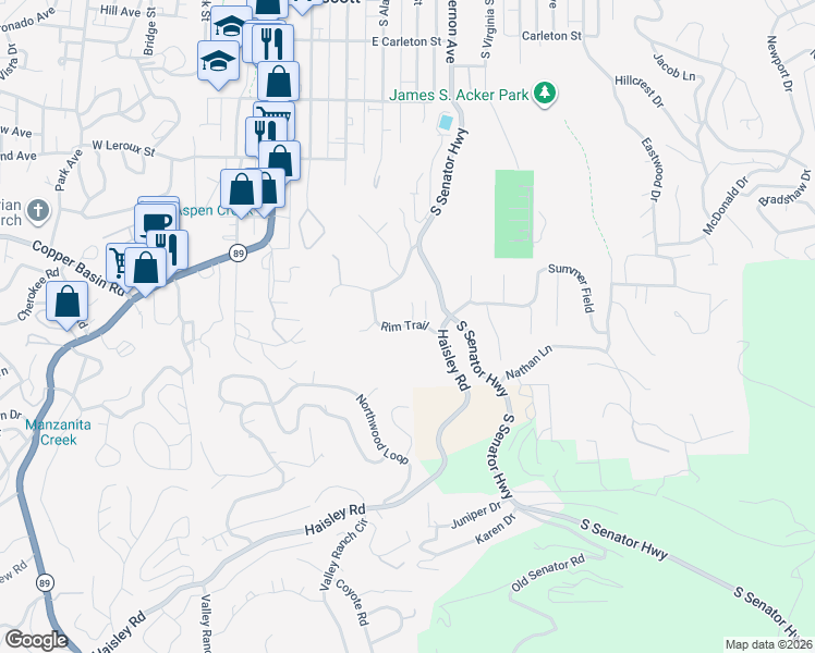 map of restaurants, bars, coffee shops, grocery stores, and more near Rim Trail in Prescott