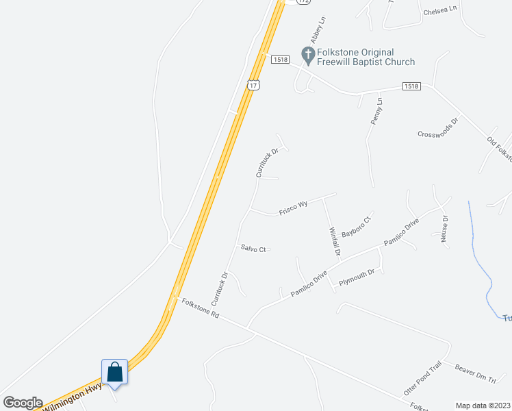 map of restaurants, bars, coffee shops, grocery stores, and more near 303 Frisco Way in Holly Ridge