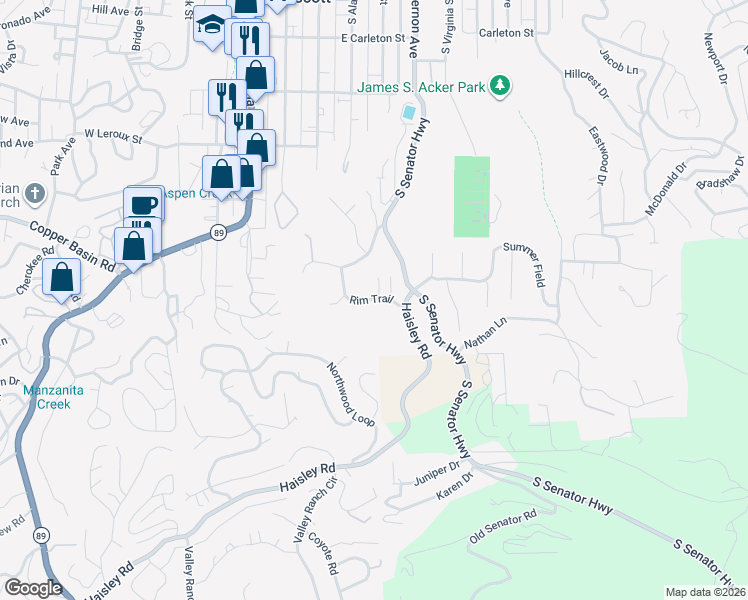 map of restaurants, bars, coffee shops, grocery stores, and more near Rim Trail in Prescott