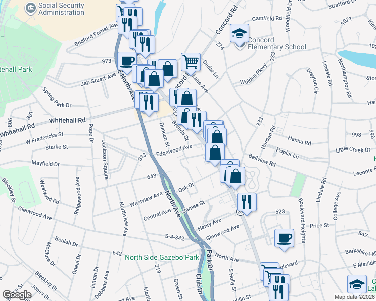 map of restaurants, bars, coffee shops, grocery stores, and more near 110 Terry Avenue in Anderson