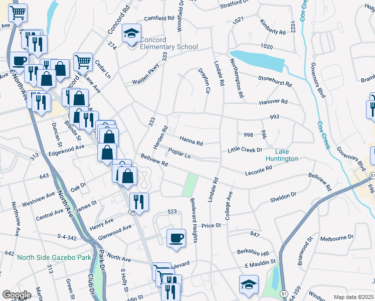 map of restaurants, bars, coffee shops, grocery stores, and more near 2309 Poplar Lane in Anderson