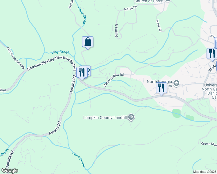 map of restaurants, bars, coffee shops, grocery stores, and more near Cherry Blossom Drive in Dahlonega