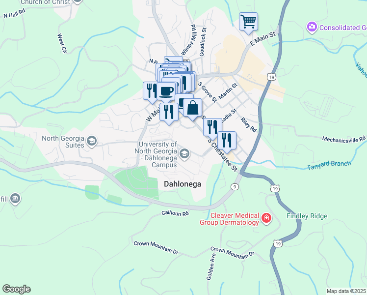 map of restaurants, bars, coffee shops, grocery stores, and more near in Dahlonega