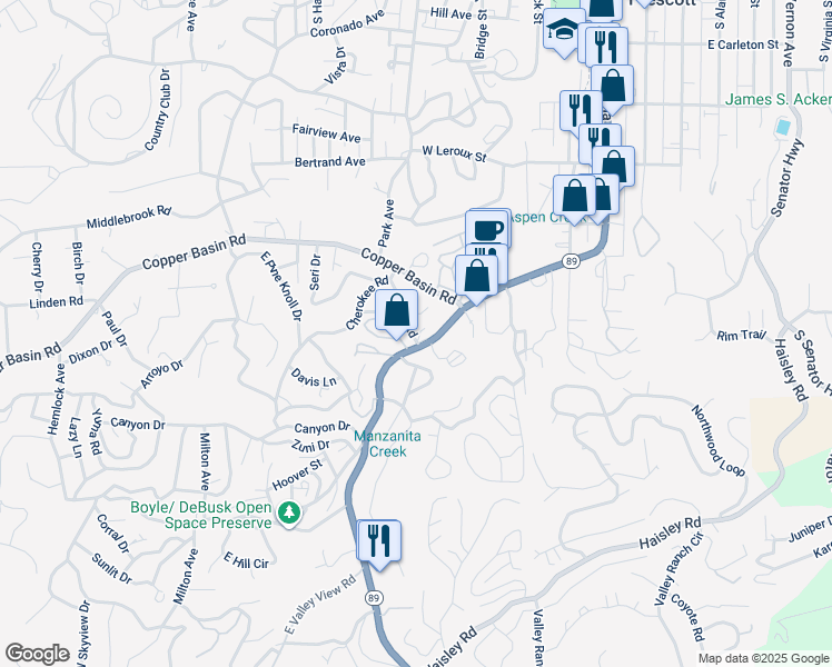map of restaurants, bars, coffee shops, grocery stores, and more near 706 White Spar Road in Prescott