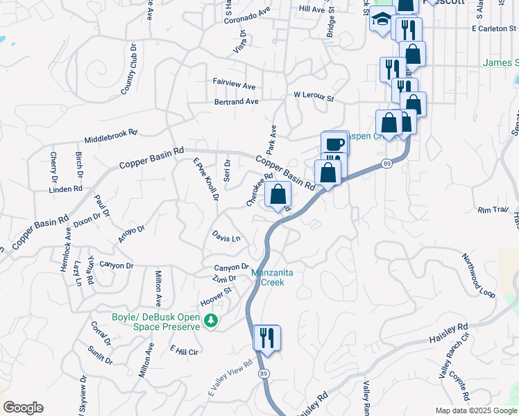 map of restaurants, bars, coffee shops, grocery stores, and more near 700 White Spar Road in Prescott