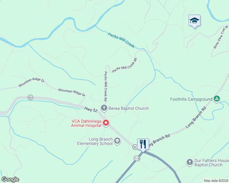 map of restaurants, bars, coffee shops, grocery stores, and more near 46 Thomas Road in Dahlonega