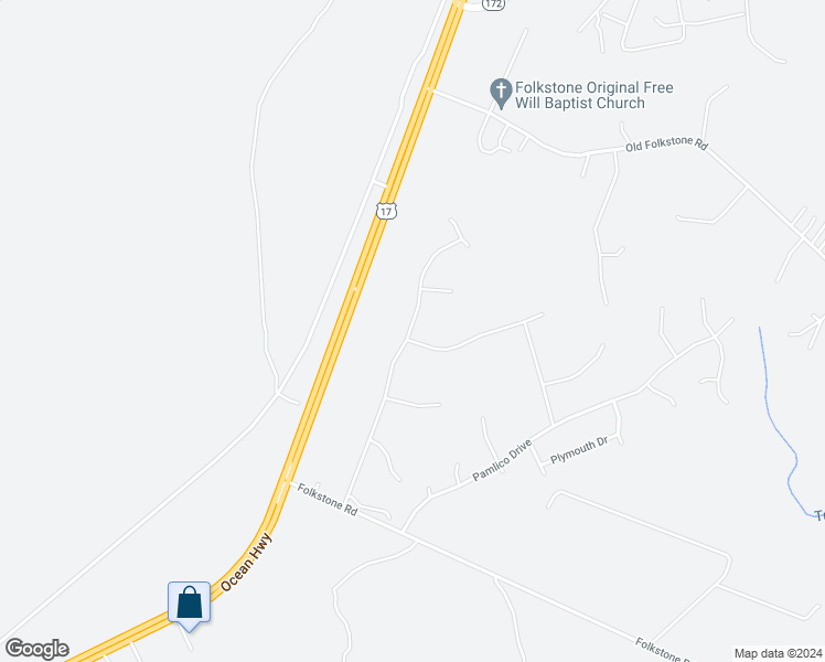map of restaurants, bars, coffee shops, grocery stores, and more near 296 Currituck Drive in Holly Ridge