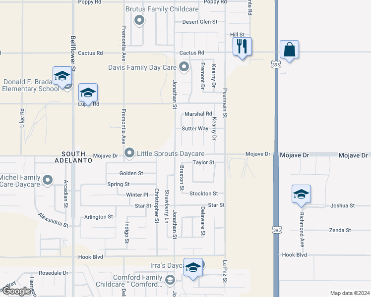 map of restaurants, bars, coffee shops, grocery stores, and more near 15315 Ross Drive in Adelanto