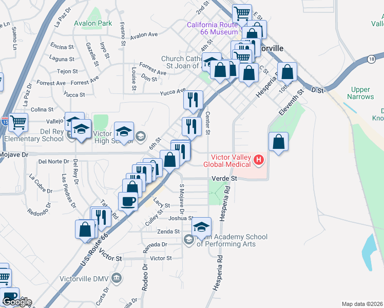 map of restaurants, bars, coffee shops, grocery stores, and more near 16755 Union Street in Victorville