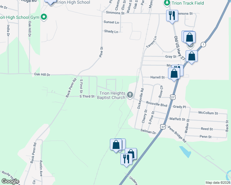 map of restaurants, bars, coffee shops, grocery stores, and more near Rossville Boulevard in Summerville