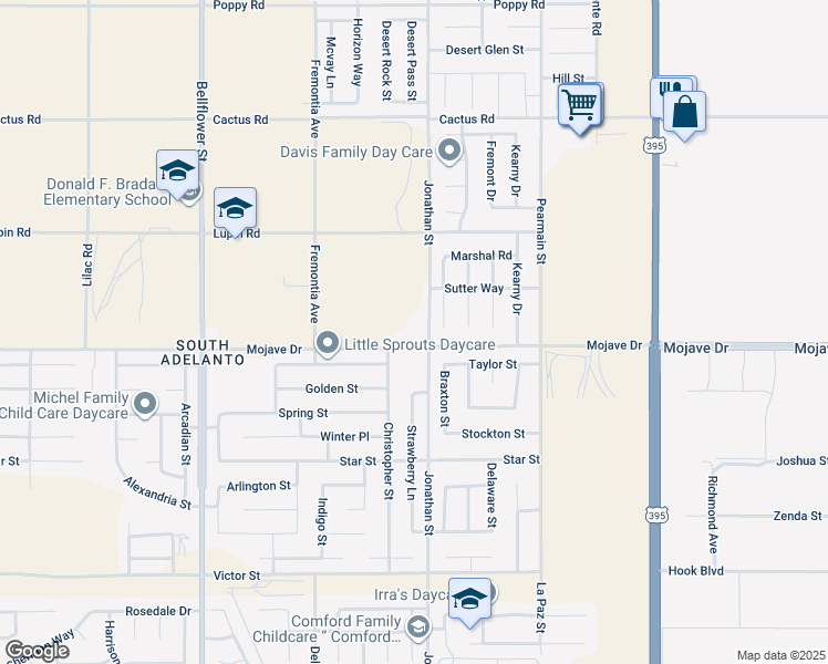 map of restaurants, bars, coffee shops, grocery stores, and more near Mojave Drive in Adelanto