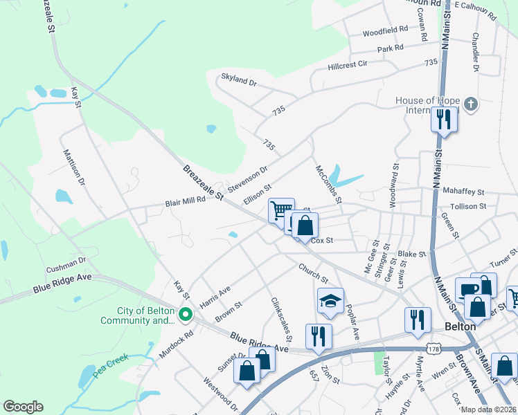map of restaurants, bars, coffee shops, grocery stores, and more near 706 Breazeale Street in Belton