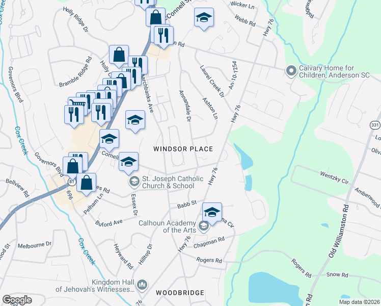map of restaurants, bars, coffee shops, grocery stores, and more near 132 Elliott Circle in Anderson
