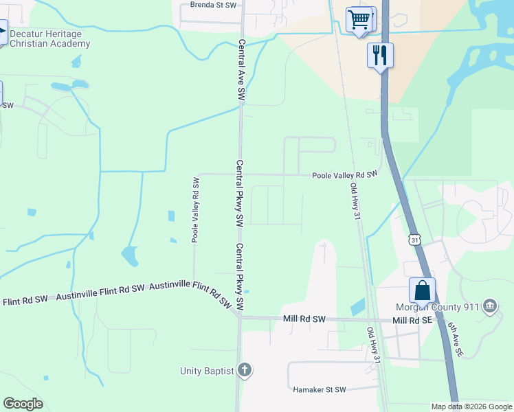 map of restaurants, bars, coffee shops, grocery stores, and more near 4187 Central Parkway Southwest in Decatur