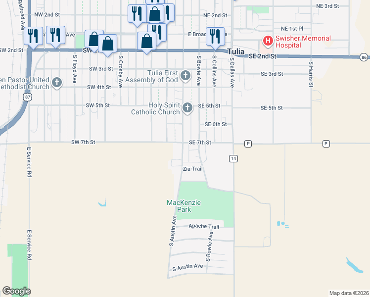 map of restaurants, bars, coffee shops, grocery stores, and more near 711 South Austin Avenue in Tulia