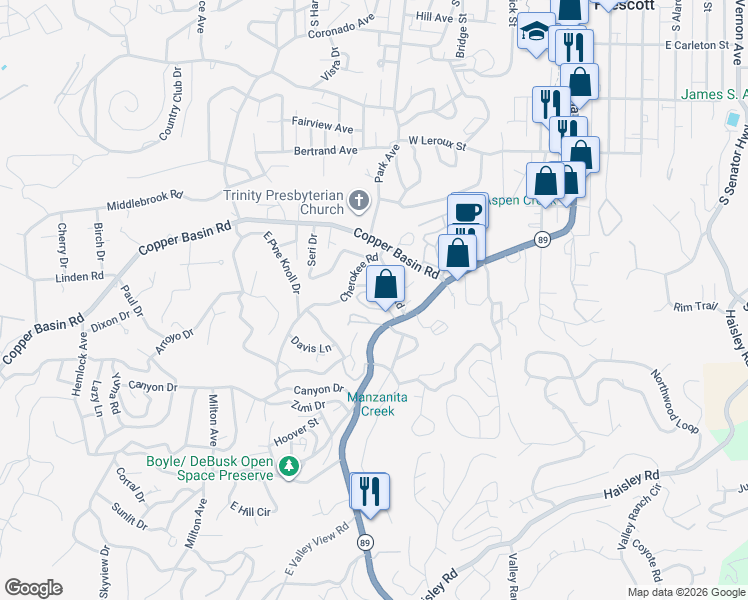 map of restaurants, bars, coffee shops, grocery stores, and more near 700 White Spar Road in Prescott