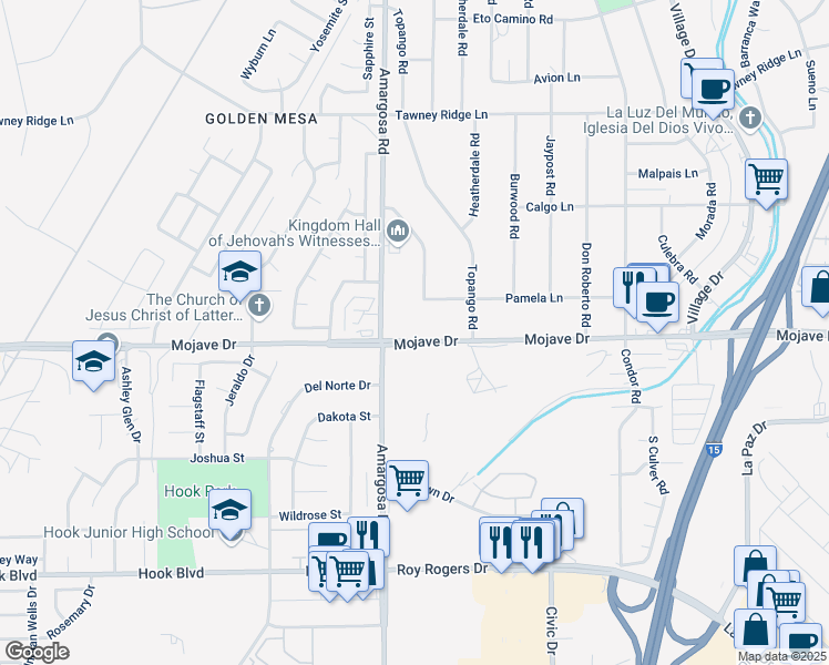 map of restaurants, bars, coffee shops, grocery stores, and more near Mojave Drive in Victorville