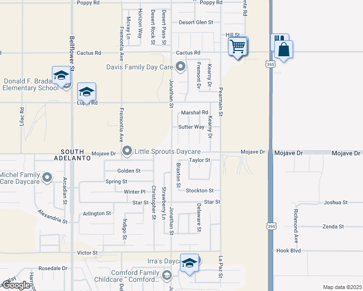 map of restaurants, bars, coffee shops, grocery stores, and more near 15315 Ross Drive in Adelanto