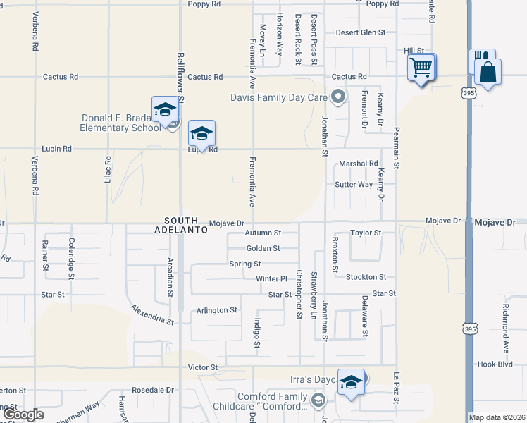 map of restaurants, bars, coffee shops, grocery stores, and more near 11522 Mojave Drive in Adelanto