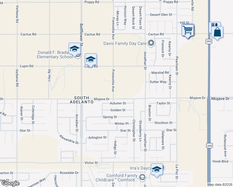 map of restaurants, bars, coffee shops, grocery stores, and more near 11522 Mojave Drive in Adelanto