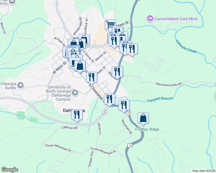 map of restaurants, bars, coffee shops, grocery stores, and more near 93 South Derrick Street in Dahlonega