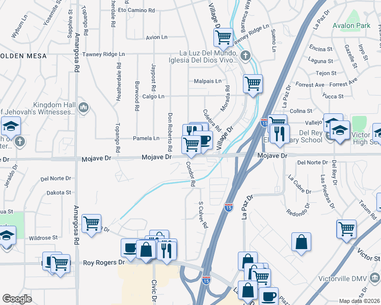 map of restaurants, bars, coffee shops, grocery stores, and more near 15770 Mojave Drive in Victorville