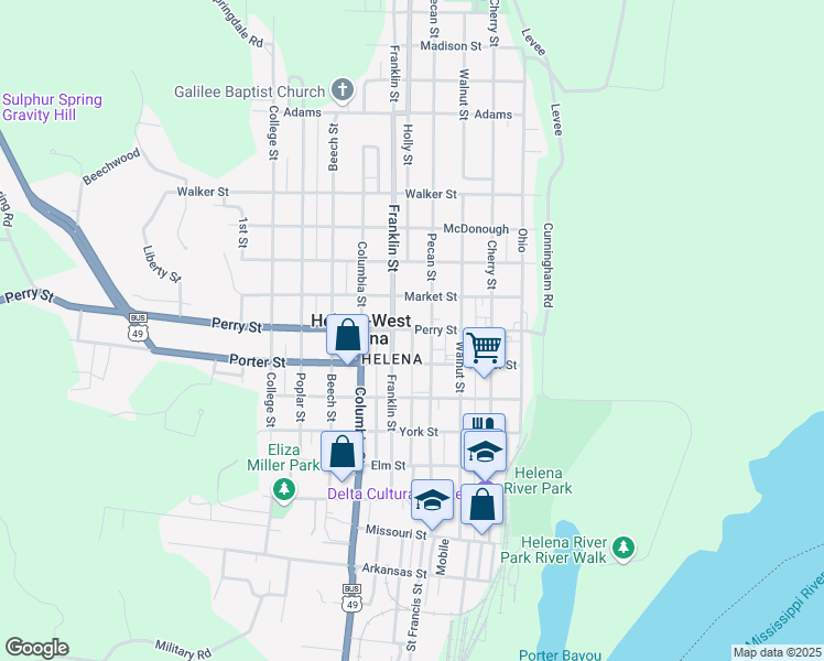 map of restaurants, bars, coffee shops, grocery stores, and more near 531 Perry Street in Helena-West Helena
