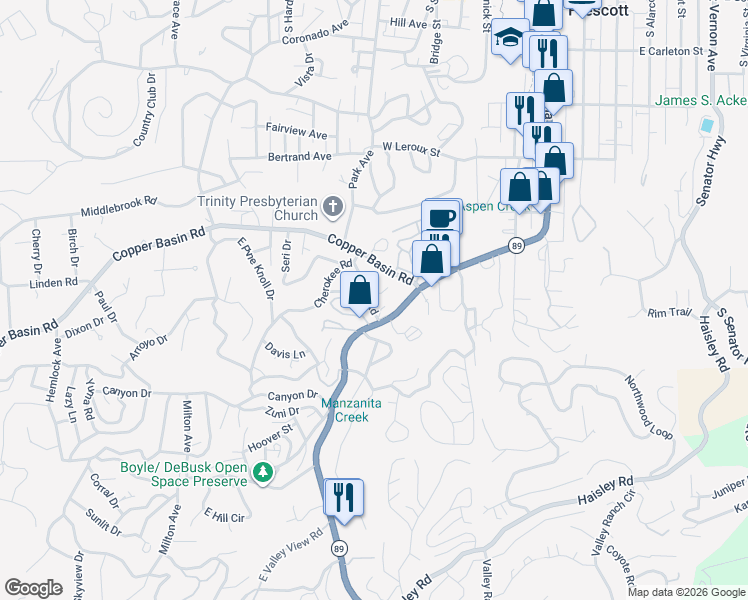 map of restaurants, bars, coffee shops, grocery stores, and more near 706 White Spar Road in Prescott