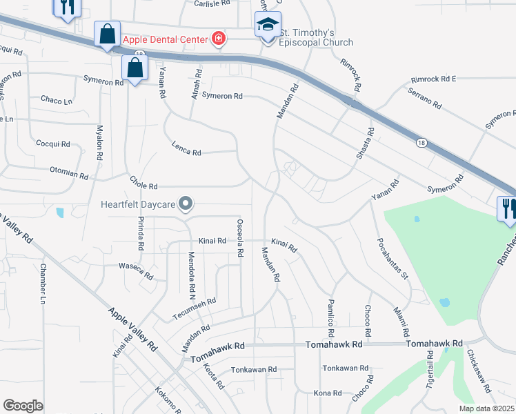 map of restaurants, bars, coffee shops, grocery stores, and more near 15296 Mandan Road in Apple Valley