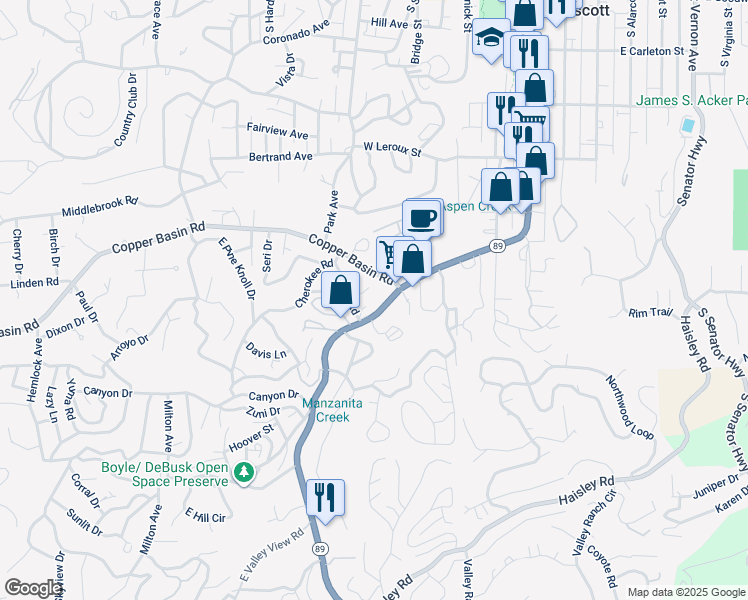 map of restaurants, bars, coffee shops, grocery stores, and more near 706 White Spar Road in Prescott
