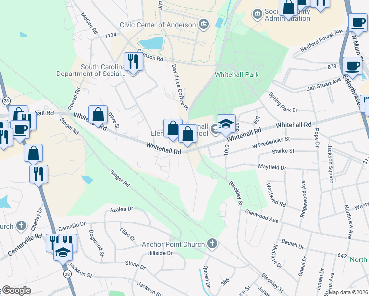 map of restaurants, bars, coffee shops, grocery stores, and more near 107 Service Road in Anderson