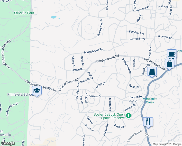 map of restaurants, bars, coffee shops, grocery stores, and more near 1073 Copper Basin Road in Prescott