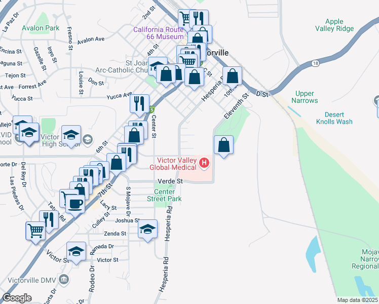 map of restaurants, bars, coffee shops, grocery stores, and more near 16925 Monte Vista Street in Victorville