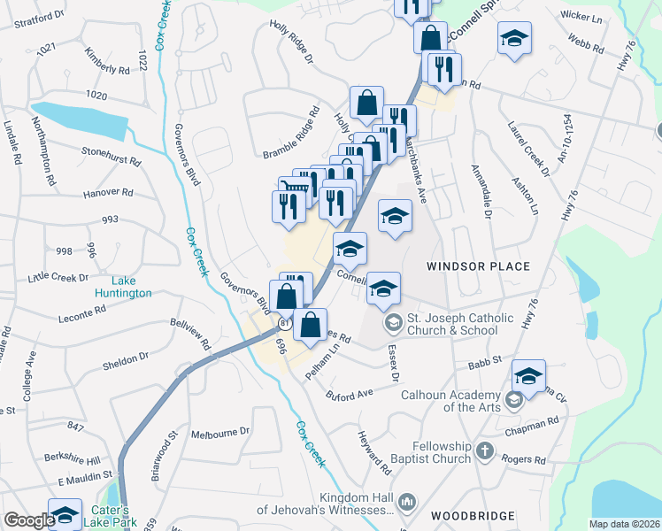 map of restaurants, bars, coffee shops, grocery stores, and more near 1609 E Greenville St in Anderson