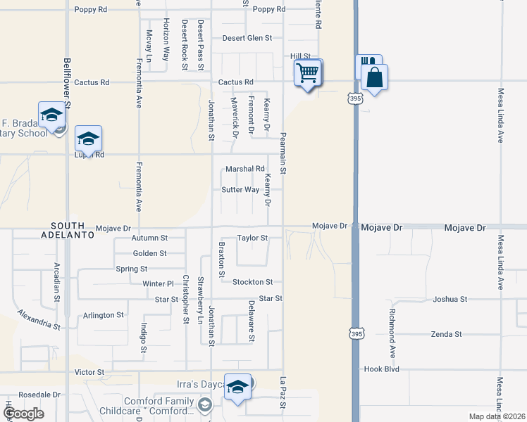 map of restaurants, bars, coffee shops, grocery stores, and more near 15342 Kearny Drive in Adelanto