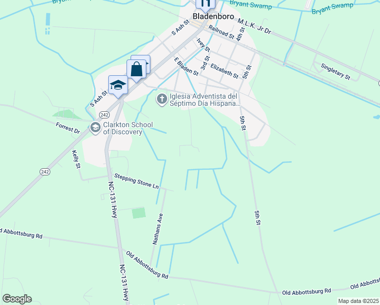 map of restaurants, bars, coffee shops, grocery stores, and more near 246 Lee Street in Bladenboro
