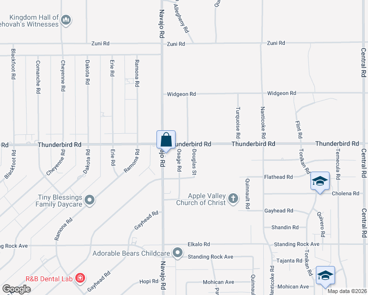 map of restaurants, bars, coffee shops, grocery stores, and more near 21789 Thunderbird Road in Apple Valley
