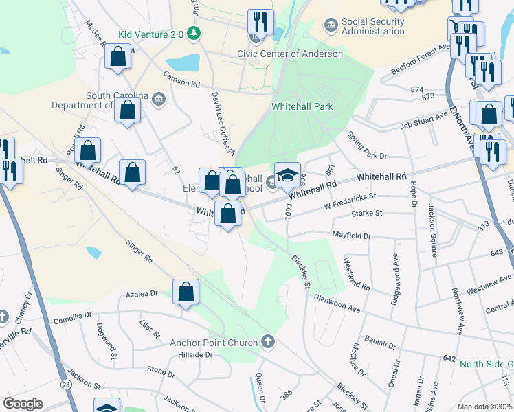 map of restaurants, bars, coffee shops, grocery stores, and more near 702 Whitehall Road in Anderson