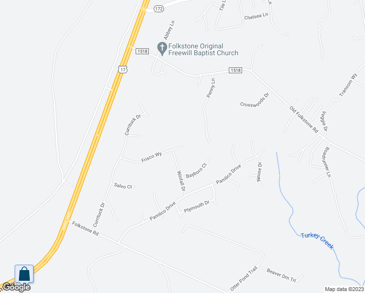 map of restaurants, bars, coffee shops, grocery stores, and more near 334 Frisco Way in Holly Ridge