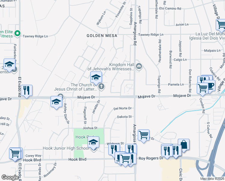 map of restaurants, bars, coffee shops, grocery stores, and more near 15178 Mesquite Court in Victorville