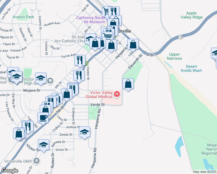 map of restaurants, bars, coffee shops, grocery stores, and more near 16925 Monte Vista Street in Victorville