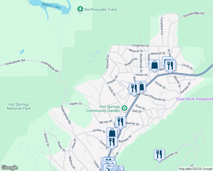 map of restaurants, bars, coffee shops, grocery stores, and more near 219 Poplar Street in Hot Springs