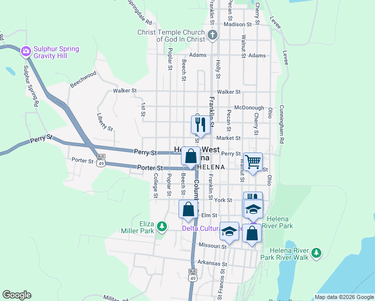 map of restaurants, bars, coffee shops, grocery stores, and more near 718 Perry Street in Helena-West Helena