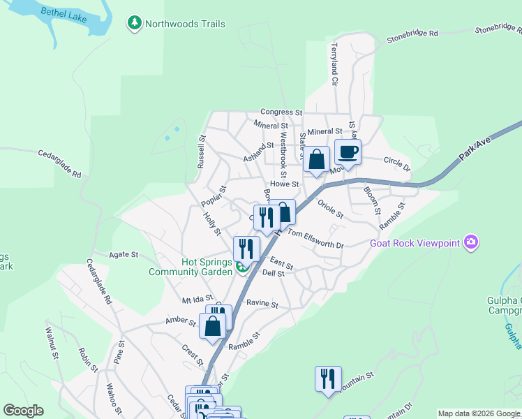 map of restaurants, bars, coffee shops, grocery stores, and more near 128 Eddy Street in Hot Springs