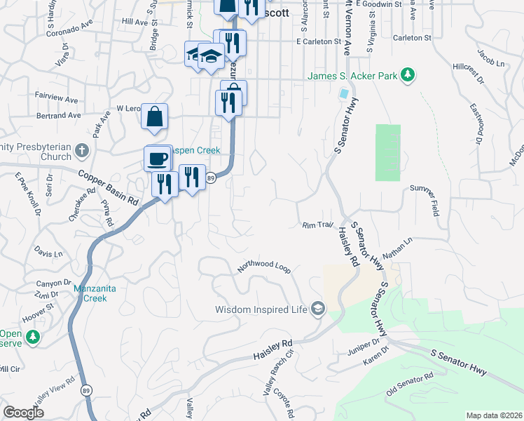 map of restaurants, bars, coffee shops, grocery stores, and more near 128 Summit Pointe Drive in Prescott