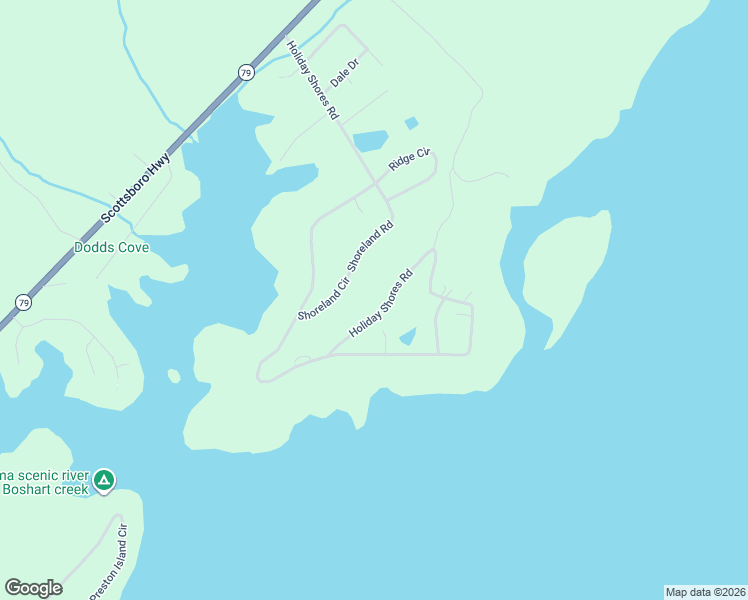 map of restaurants, bars, coffee shops, grocery stores, and more near 2097 Holiday Shores Road in Scottsboro