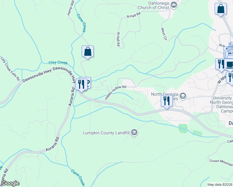 map of restaurants, bars, coffee shops, grocery stores, and more near 70 Leger Drive in Dahlonega