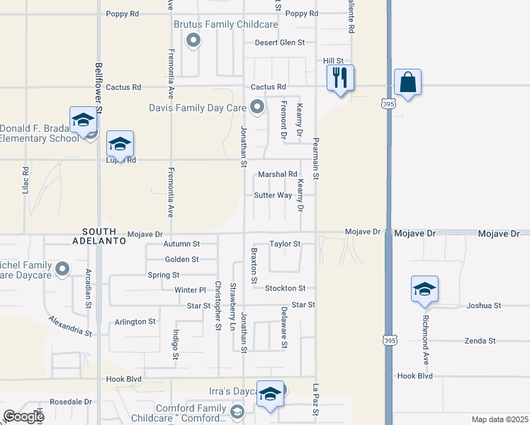 map of restaurants, bars, coffee shops, grocery stores, and more near 15354 Lassen Drive in Adelanto