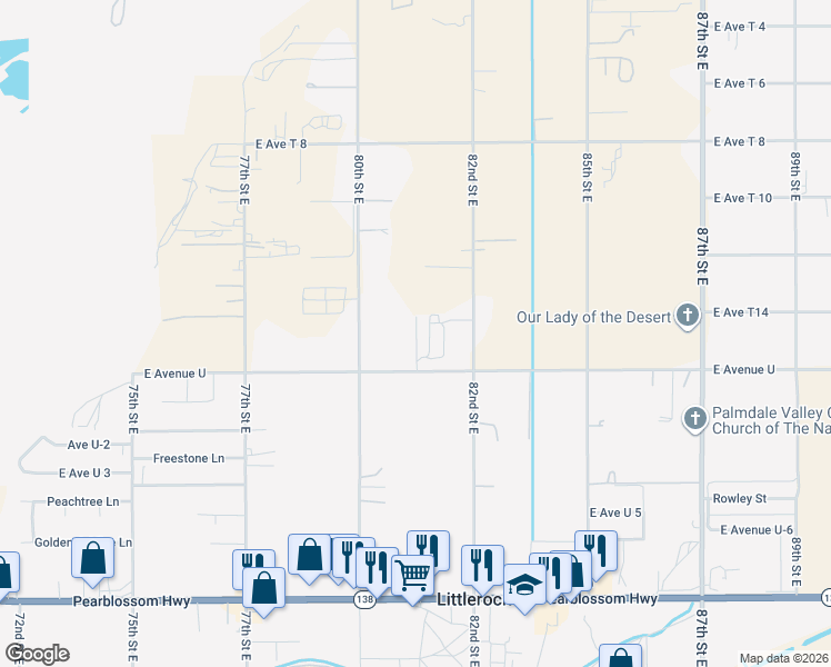 map of restaurants, bars, coffee shops, grocery stores, and more near 81ST Street East in Sun Village