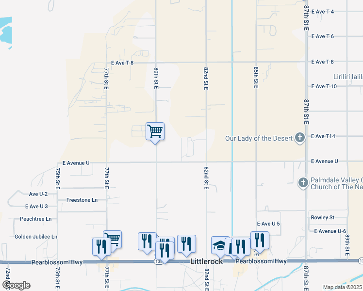 map of restaurants, bars, coffee shops, grocery stores, and more near 81ST Street East in Sun Village